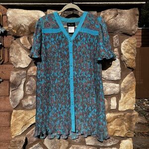 Vintage Diane Freis Pleated Dress Large Georgette Blue Floral Polka Dot 80s